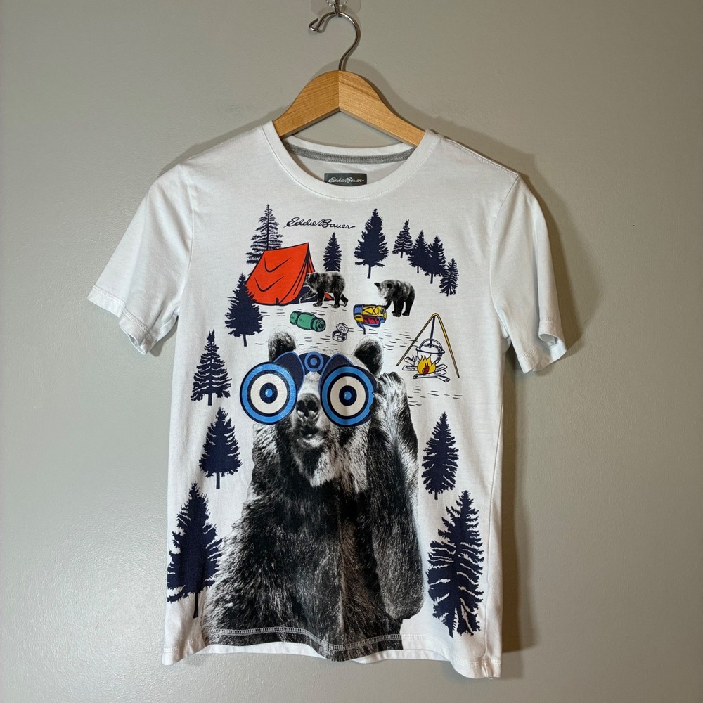 Eddie Bauer Kids Large 14/16 White Camping Bear Binoculars Graphic T-Shirt